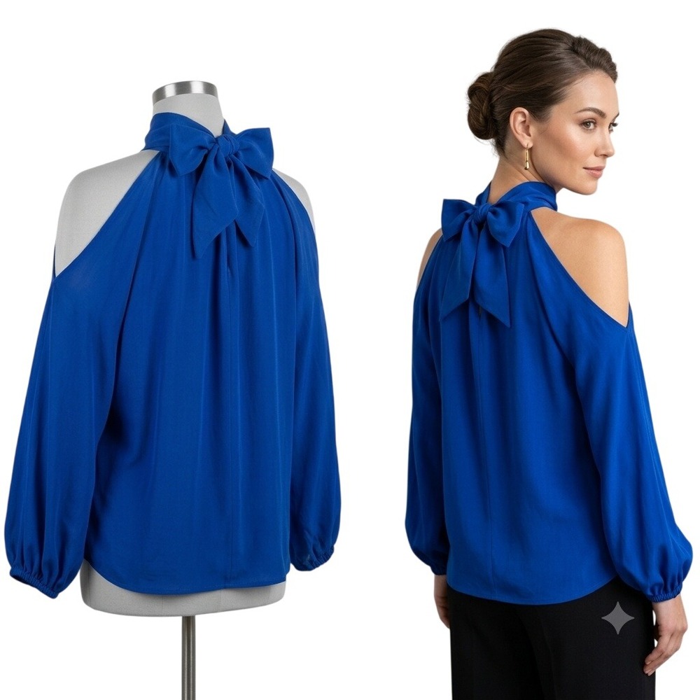 Julian Chang Royal Blue 100% Silk Tie Neck Cold Shoulder Blouse M USA Made NWOT